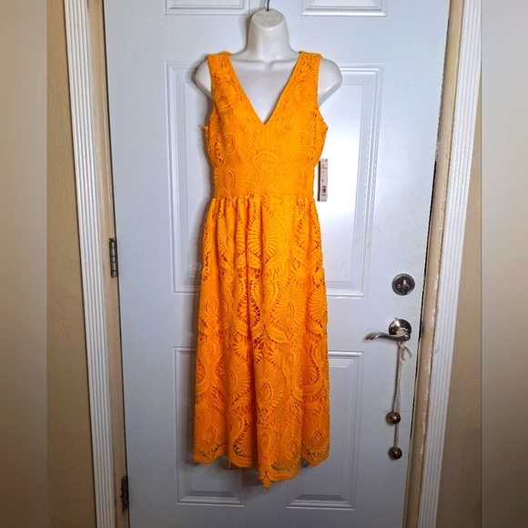 Gianni Bini Sleeveless V-Neck Stunning Debi Yellow Gold Lace Midi Dress - Picture 2 of 7